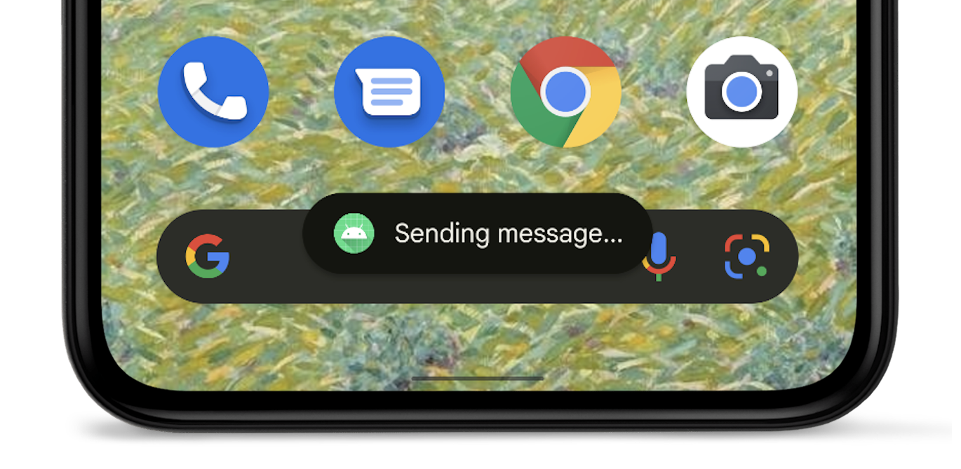 Gambar perangkat Android yang menampilkan pop-up toast bertuliskan
            'Sending message' di samping ikon aplikasi