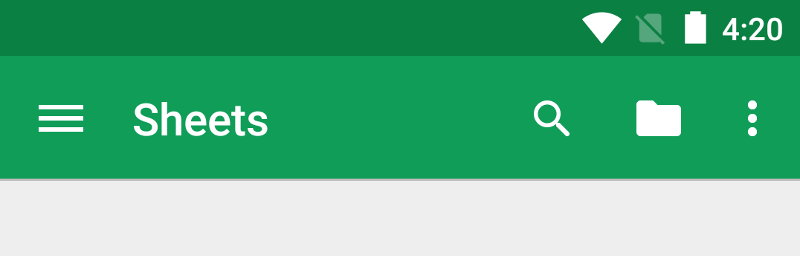 Una imagen que muestra una barra de la aplicación verde, con un menú de hamburguesa y tres íconos de acción