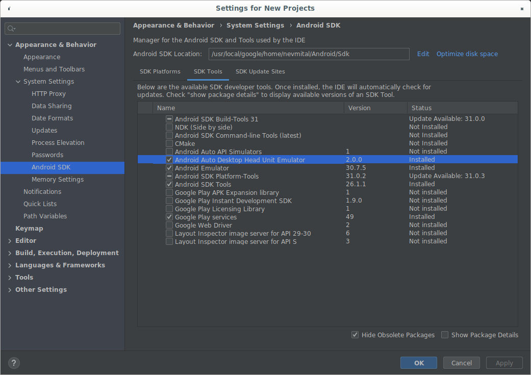 Affichage de la version 2.0 de la DHU dans SDK Manager