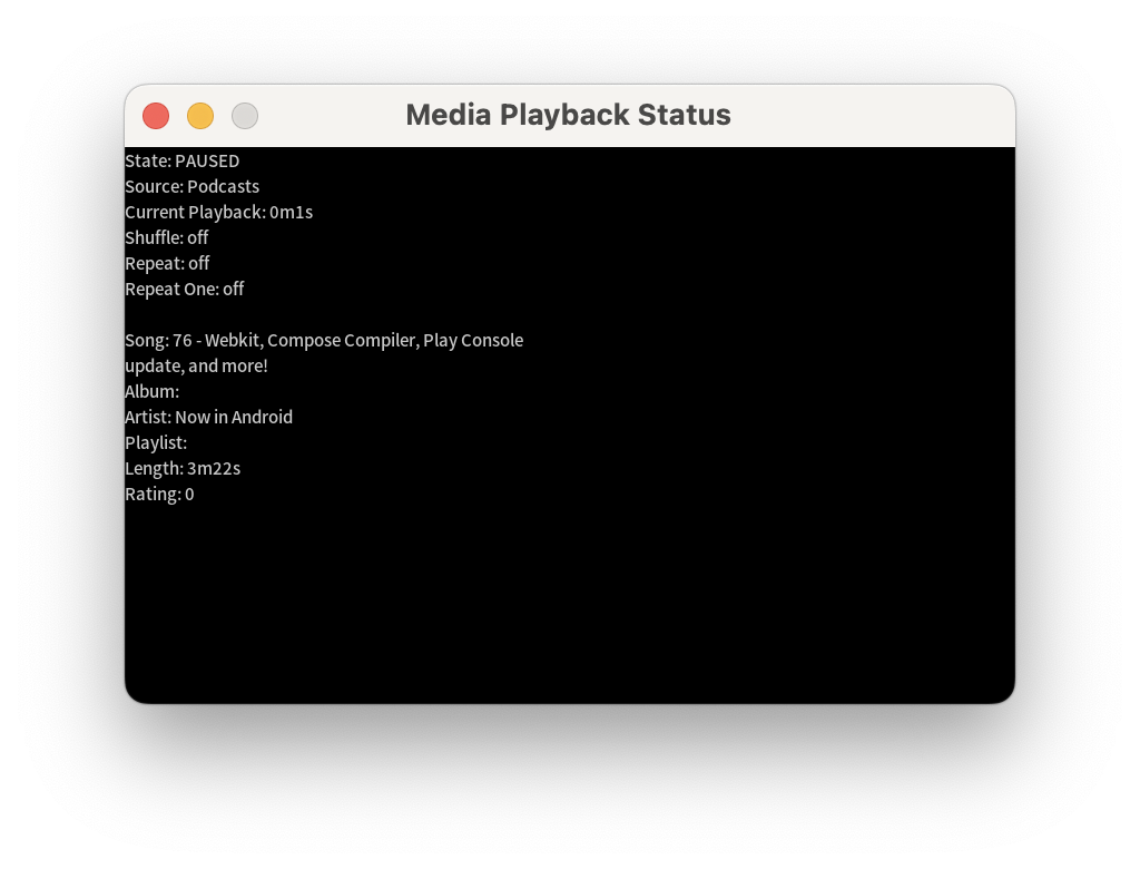 Okno stanu odtwarzania multimediów w DHU pokazujące informacje o odtwarzaniu