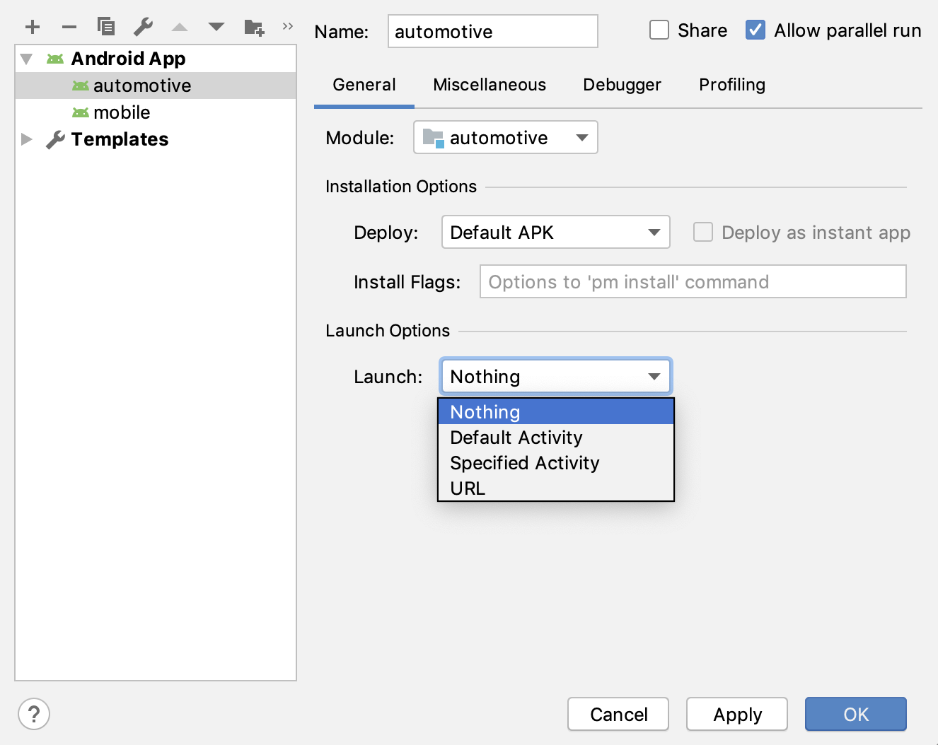 Kotak dialog Run/Debug Configurations.