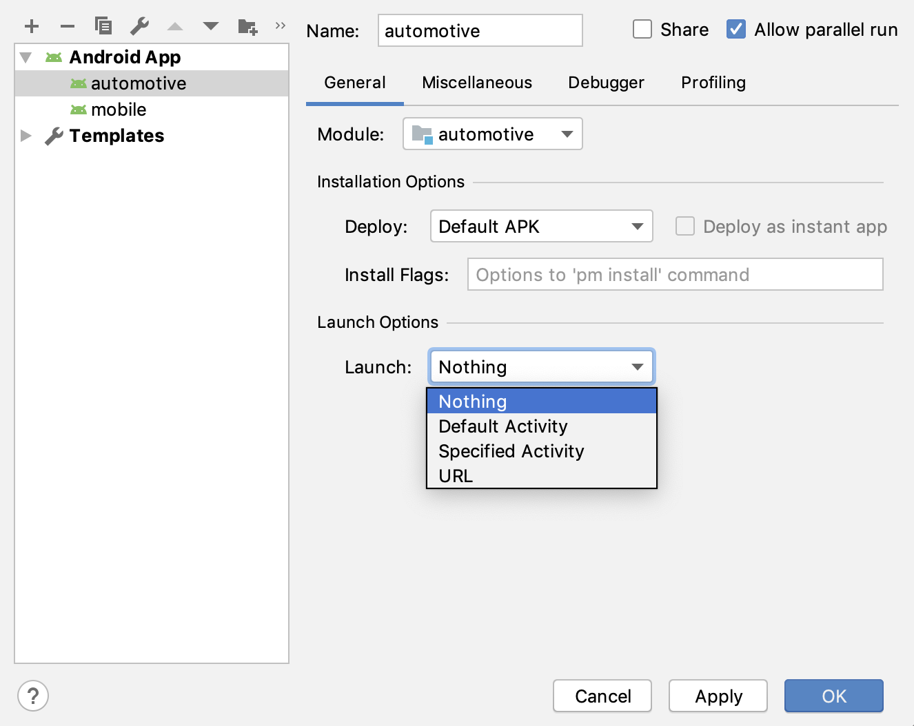 The Run/Debug Configurations dialog.