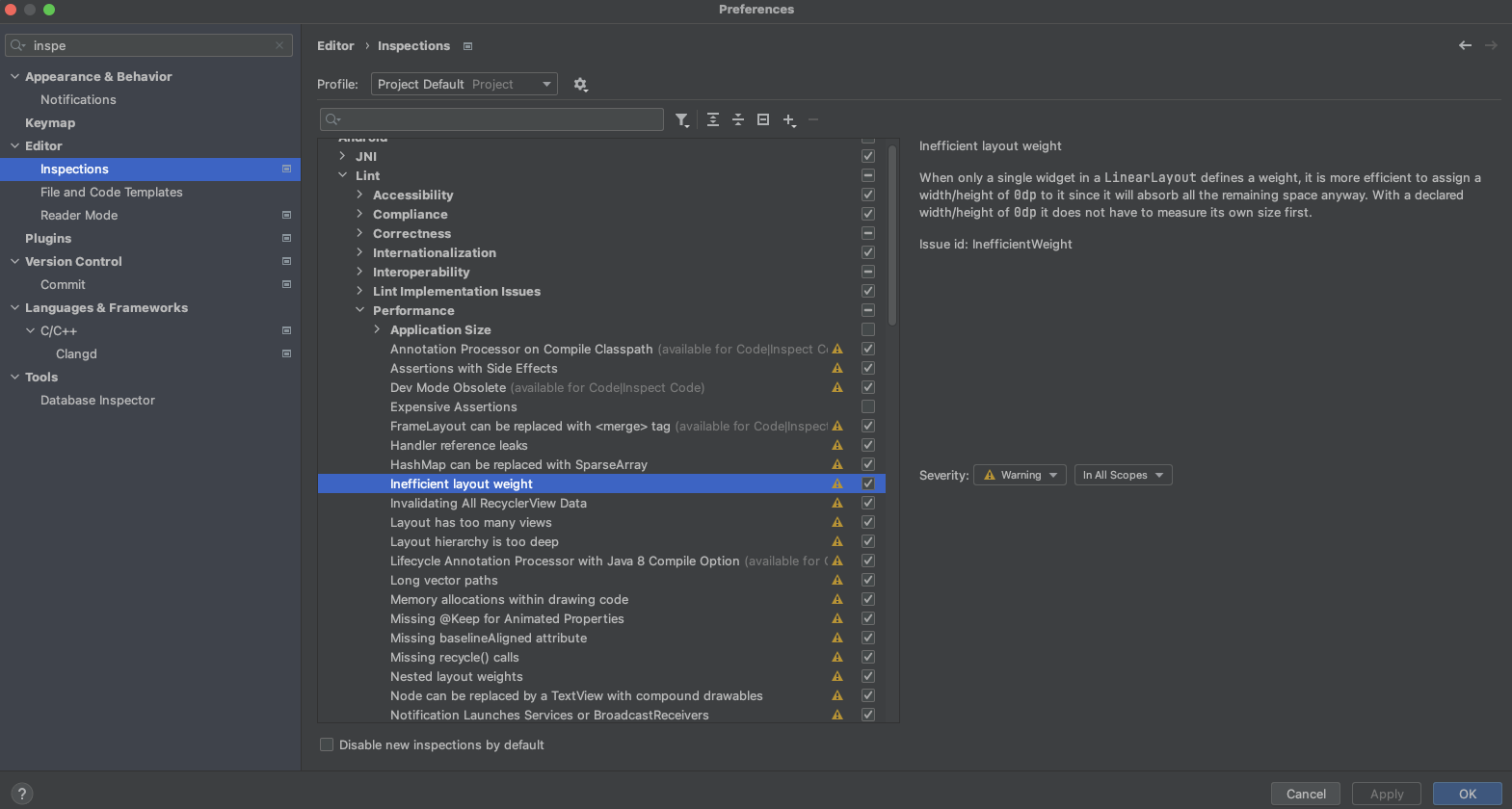 Uma imagem mostrando o menu &quot;Inspections&quot; do Android Studio.