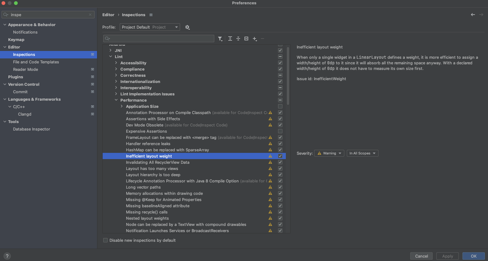An image showing Android Studio Inspections menu