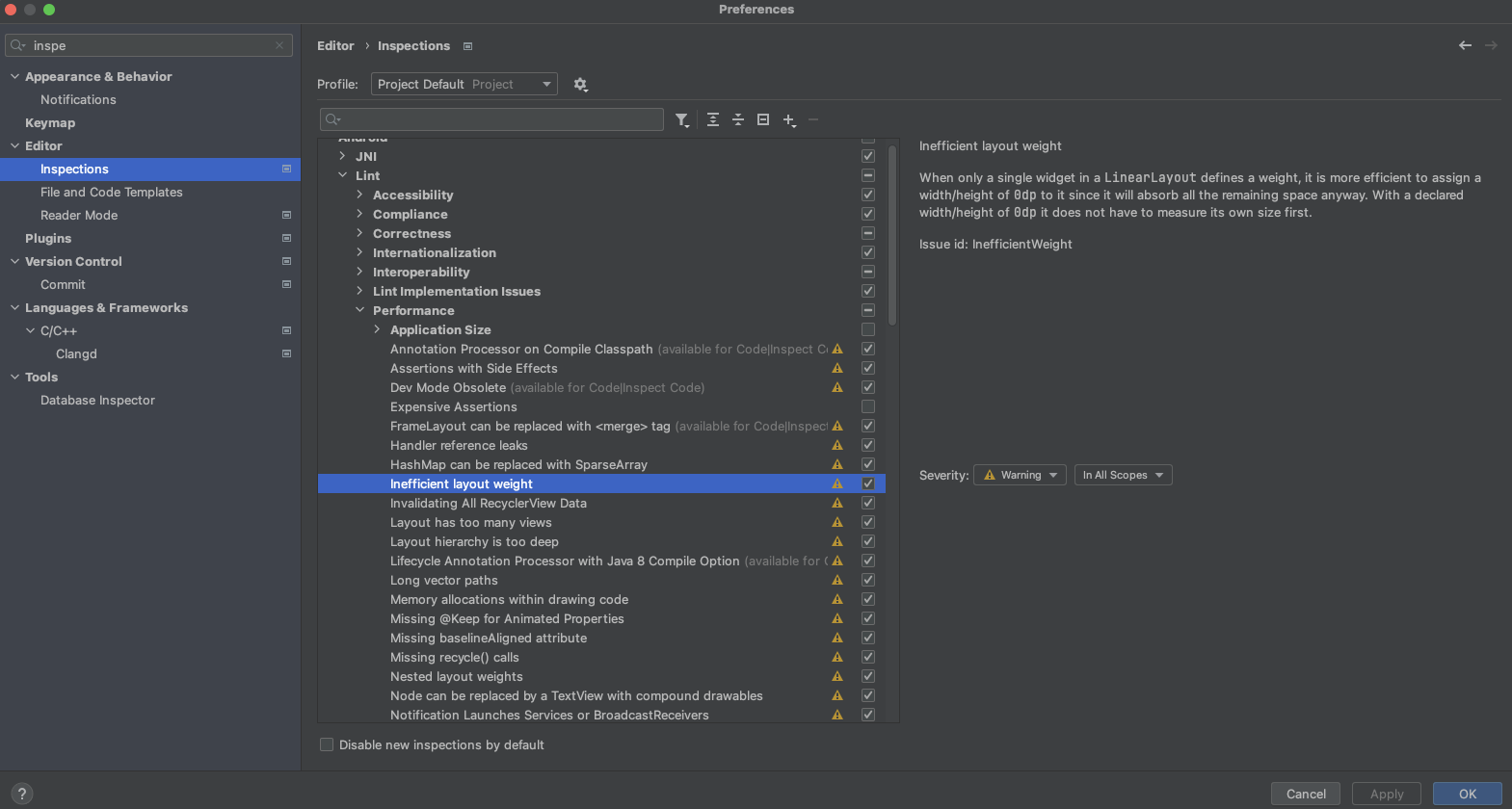 Uma imagem mostrando o menu "Inspeções" do Android Studio