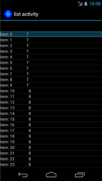 The list activity currently shown on the screen contains a list with
23 items. Each item has a number, stored as a String, mapped to a
different number, which is stored as an Object instead.