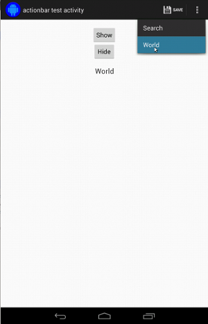 Le bouton du menu à développer est visible, et une liste apparaît sous le bouton
          barre d'action en haut de l'écran