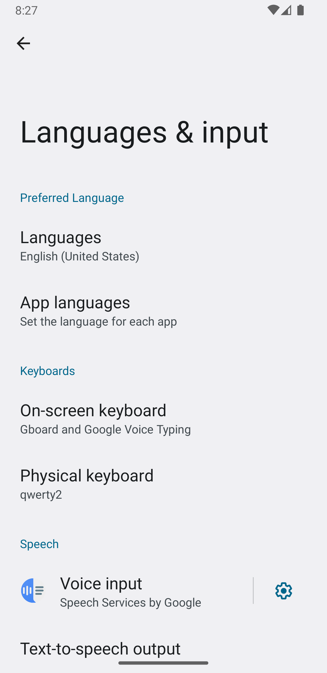 Image montrant le menu système &quot;Langues et saisie&quot;