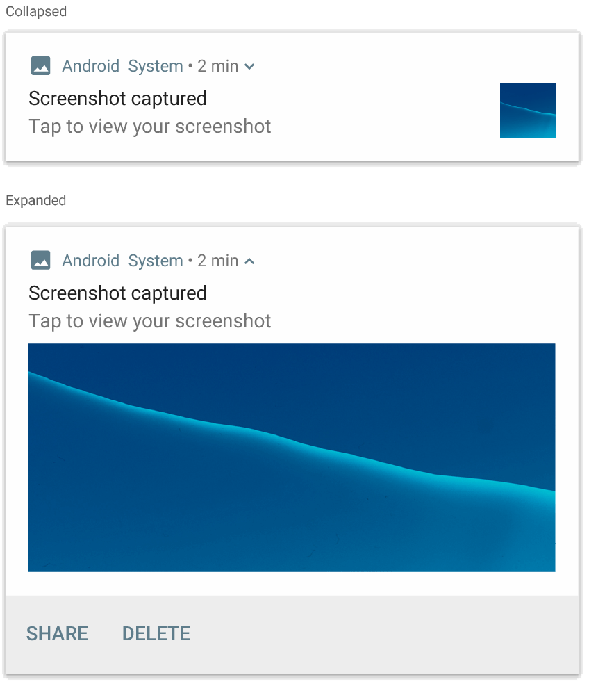 An image showing a collapsed notification and an expanded notification containing a blue image