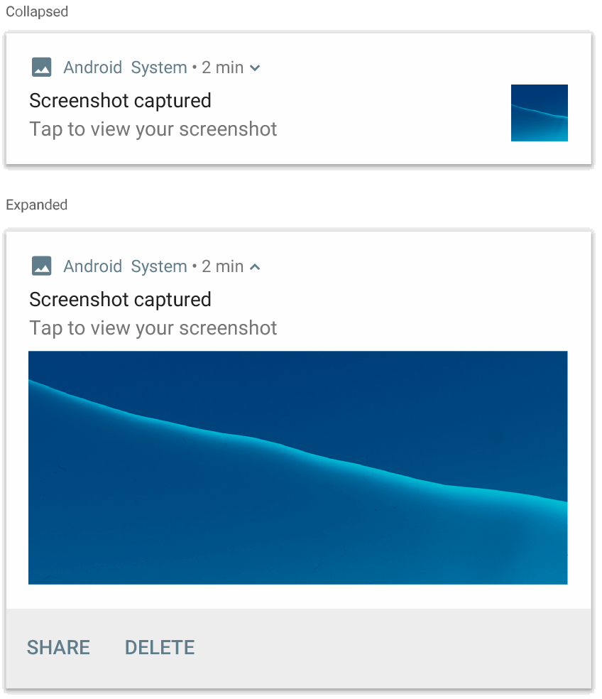 A collapsed notification and an expanded notification containing a blue image