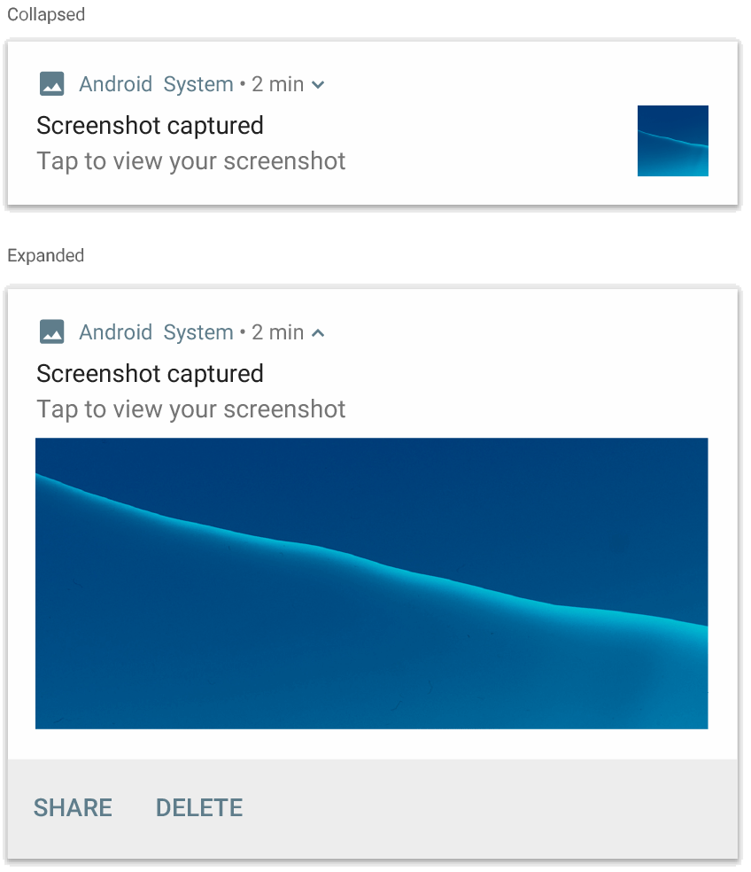 Image montrant une notification réduite et une notification développée contenant une image bleue