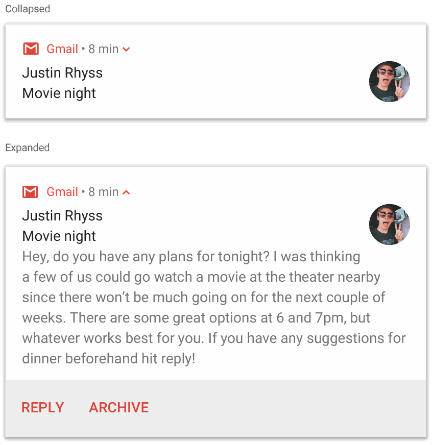 A collapsed notification and an expanded notification using BigTextStyle