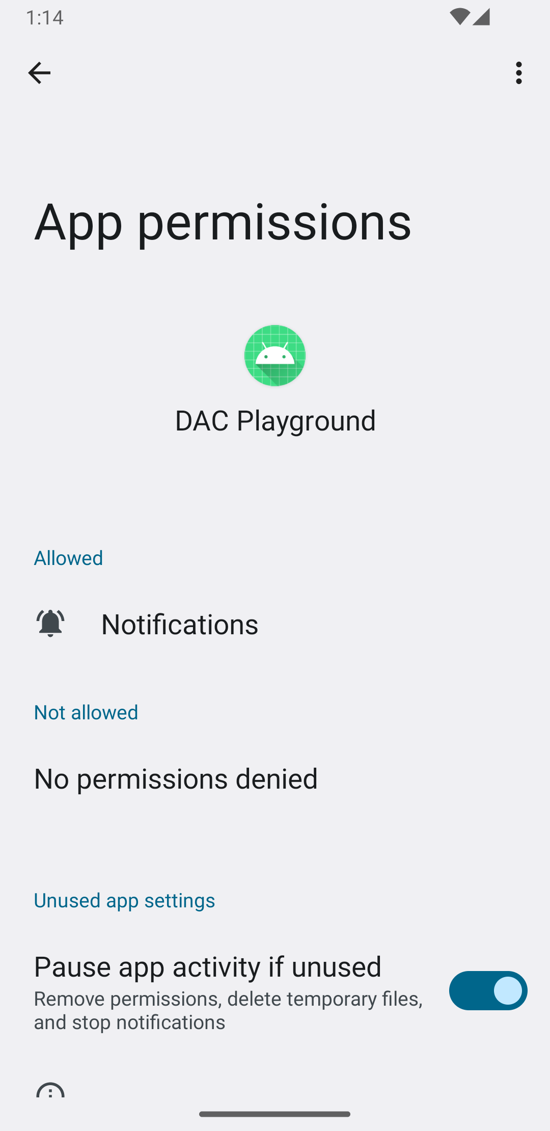 Uma imagem mostrando a tela &quot;Informações do app&quot; após a solicitação de permissão de notificação concedida