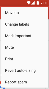 图片：显示 Gmail 应用中的弹出式菜单，并锚定在右上角的溢出按钮。