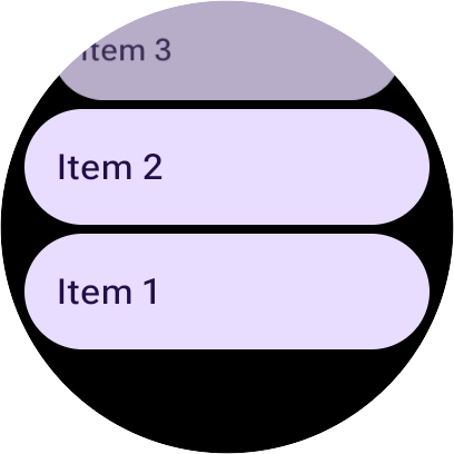 A TransformingLazyColumn with reverse layout, showing Item 1 at the bottom and items in descending order towards the top.