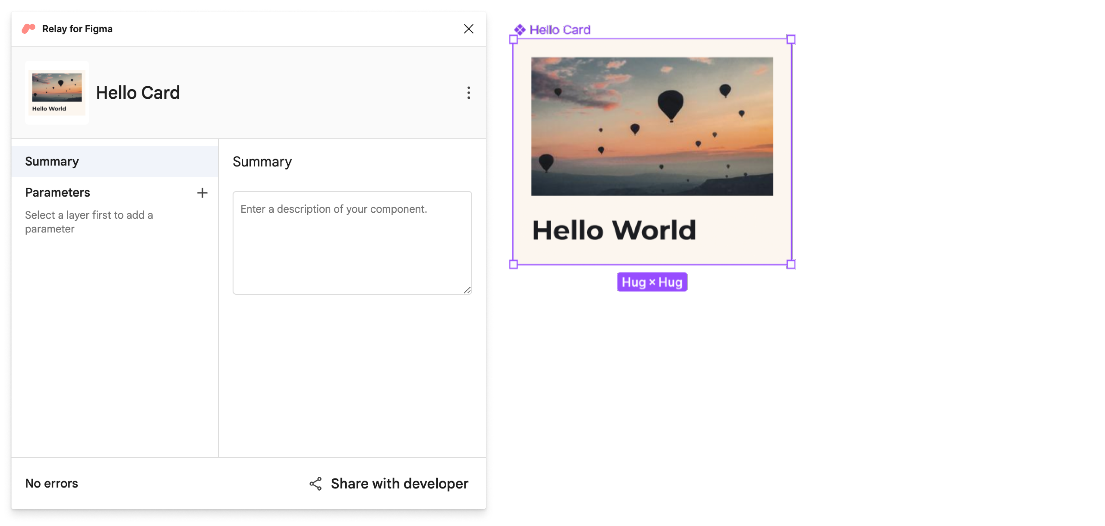 The Figma plugin with the hello card selected