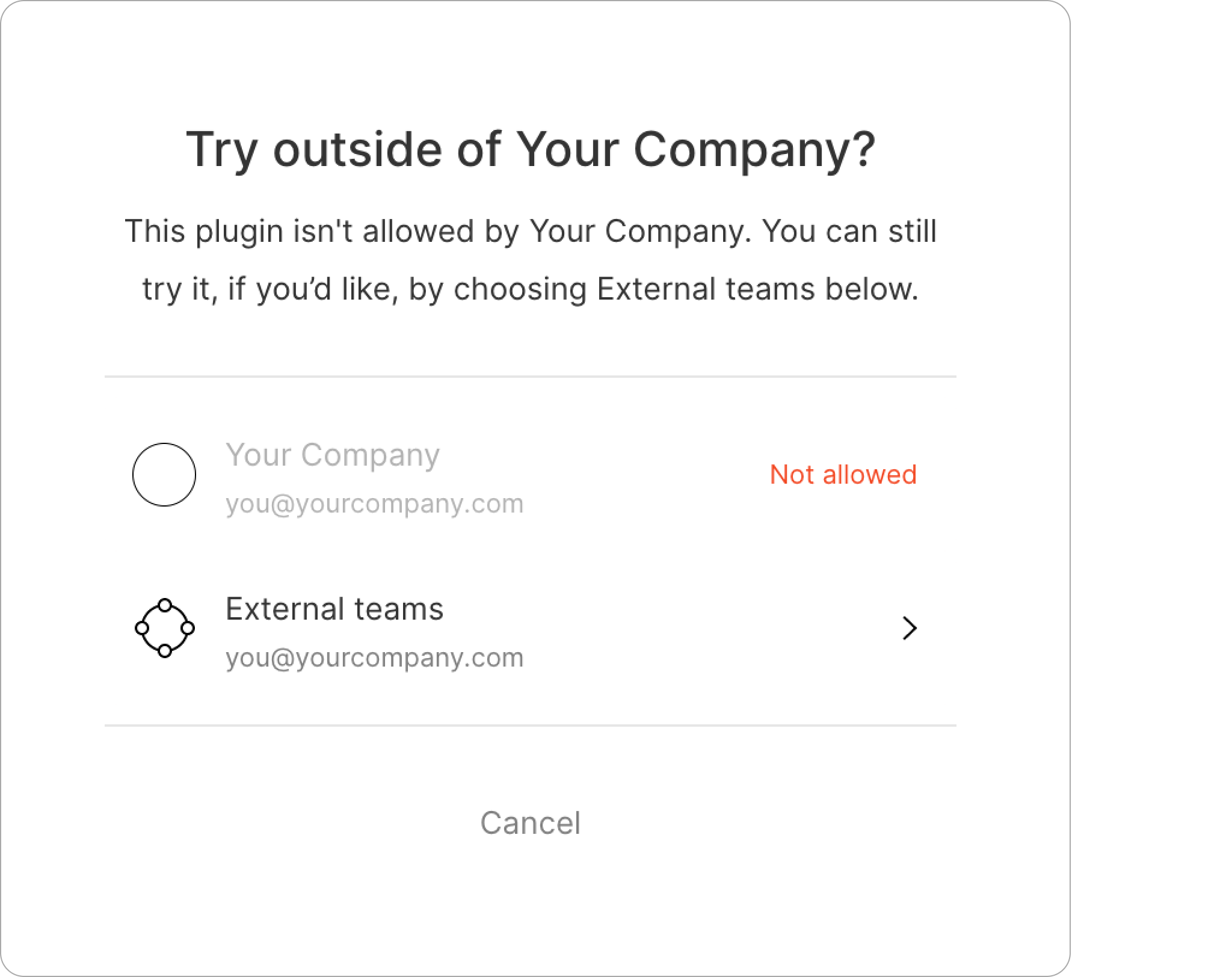 Opção "External teams" na caixa de diálogo