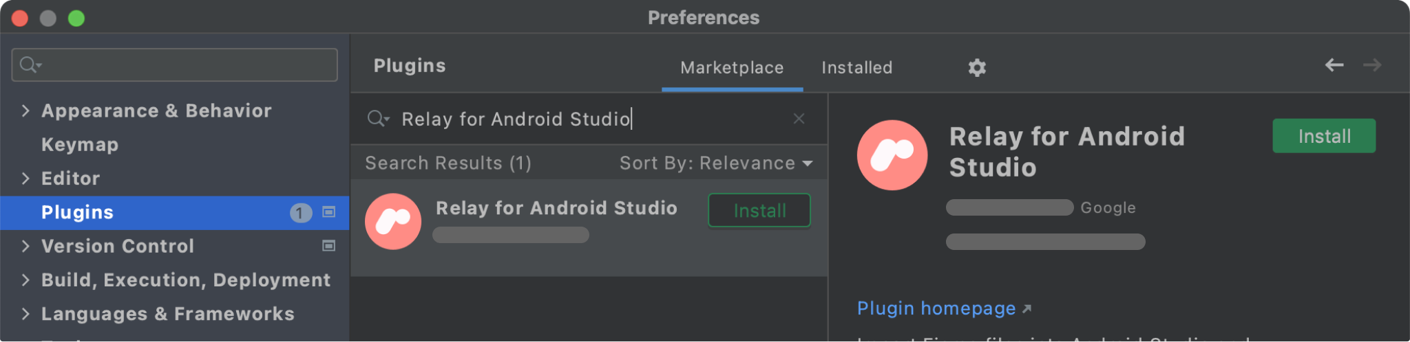 Marketplace의 Relay for Android Studio