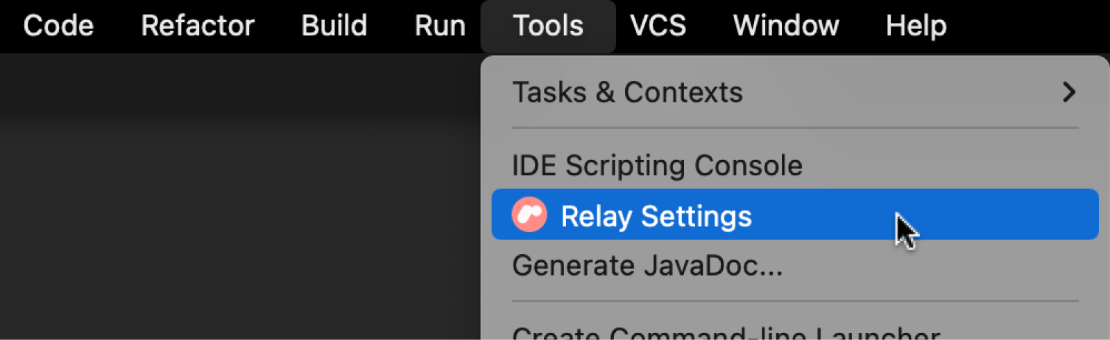 Opção de menu de configurações do Relay em "Tools" para configurar o token de acesso do Figma