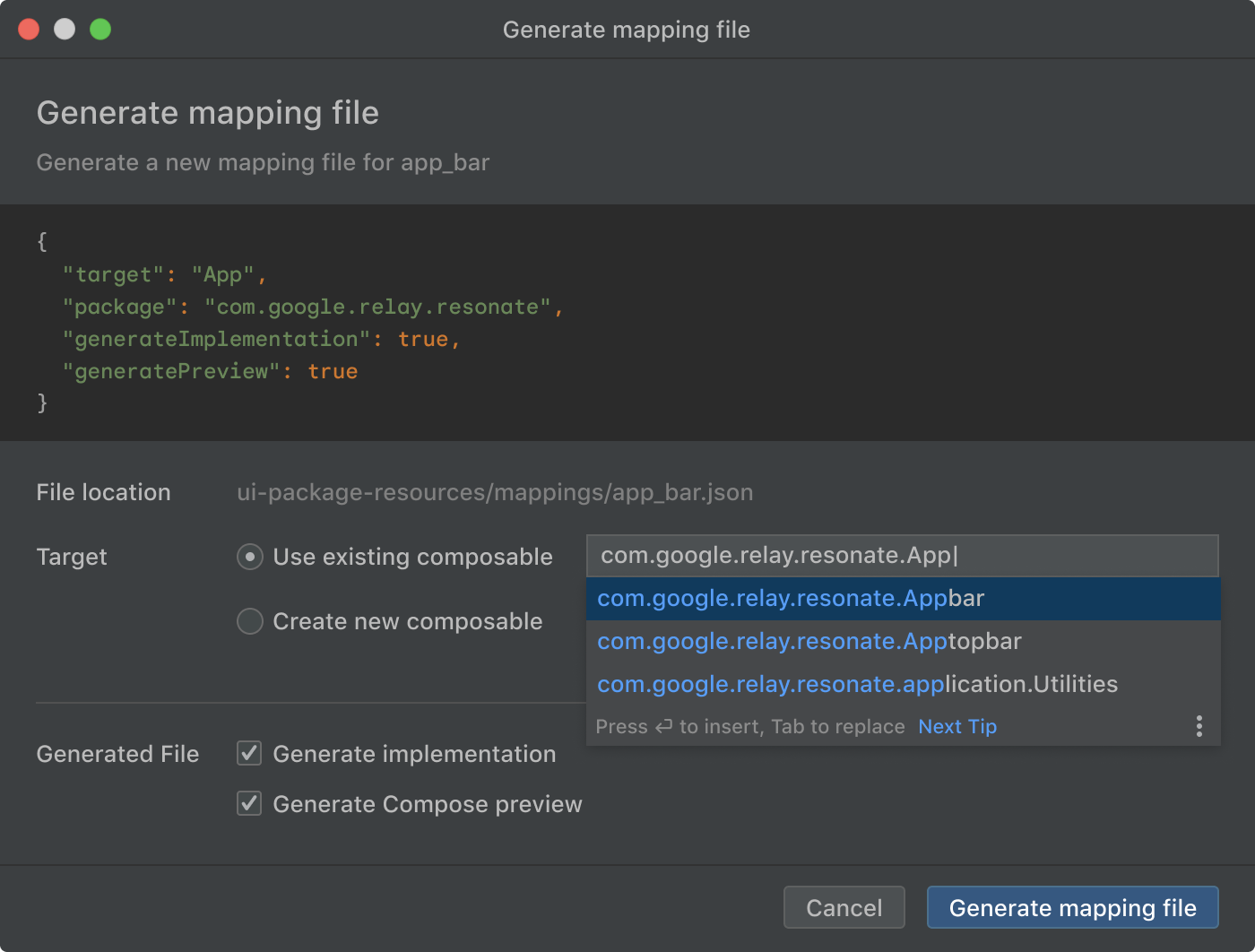 Dialog for generating mapping
files