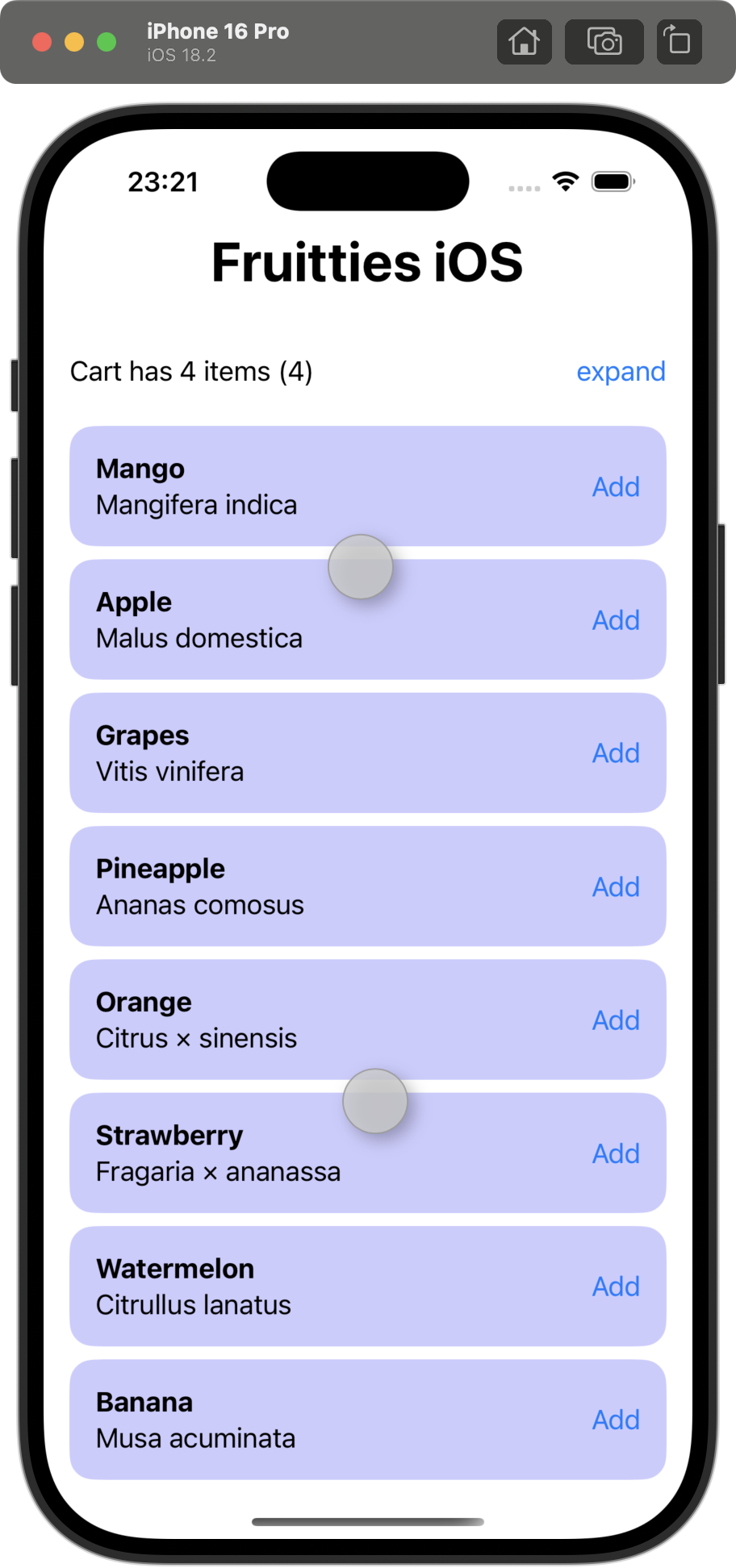 Simulador do Xcode executando o app para iOS