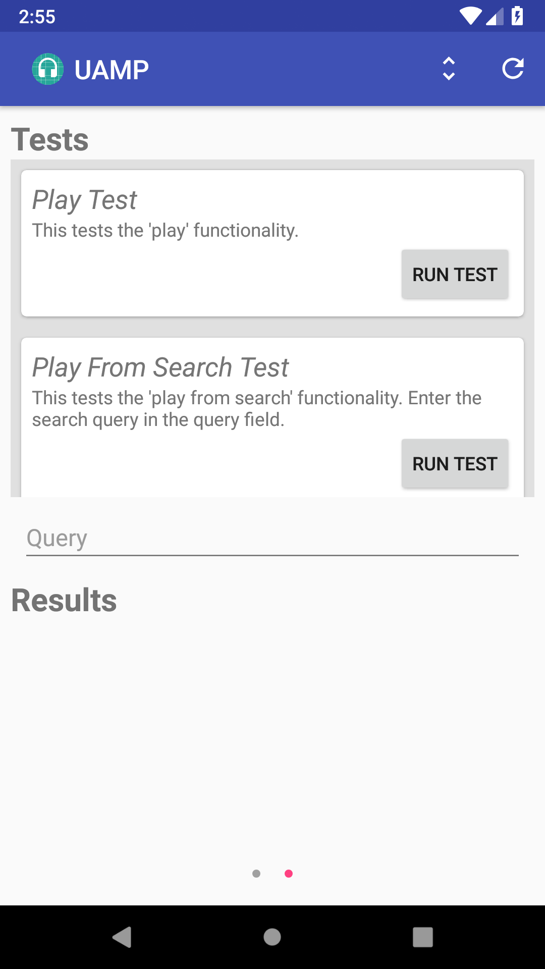 Page de sélection des tests