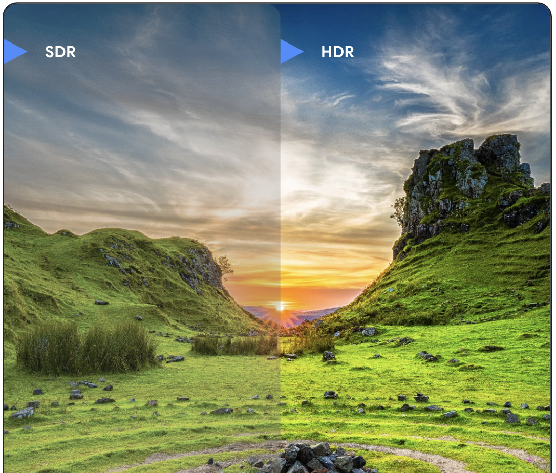 Grafika przedstawiająca symulację różnicy między standardowym a wysokim zakresem dynamiki. Grafika przedstawia krajobraz z pochmurnym niebem. Prawa połowa, symulująca HDR, ma jaśniejsze podświetlenia, ciemniejsze cienie i wyraźniejsze kolory.