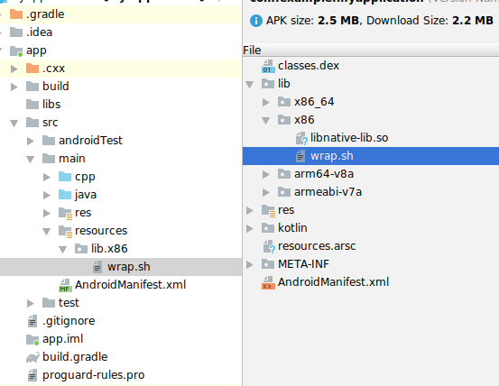 ตัวอย่างแพ็กเกจ wrap.sh ใน Android Studio