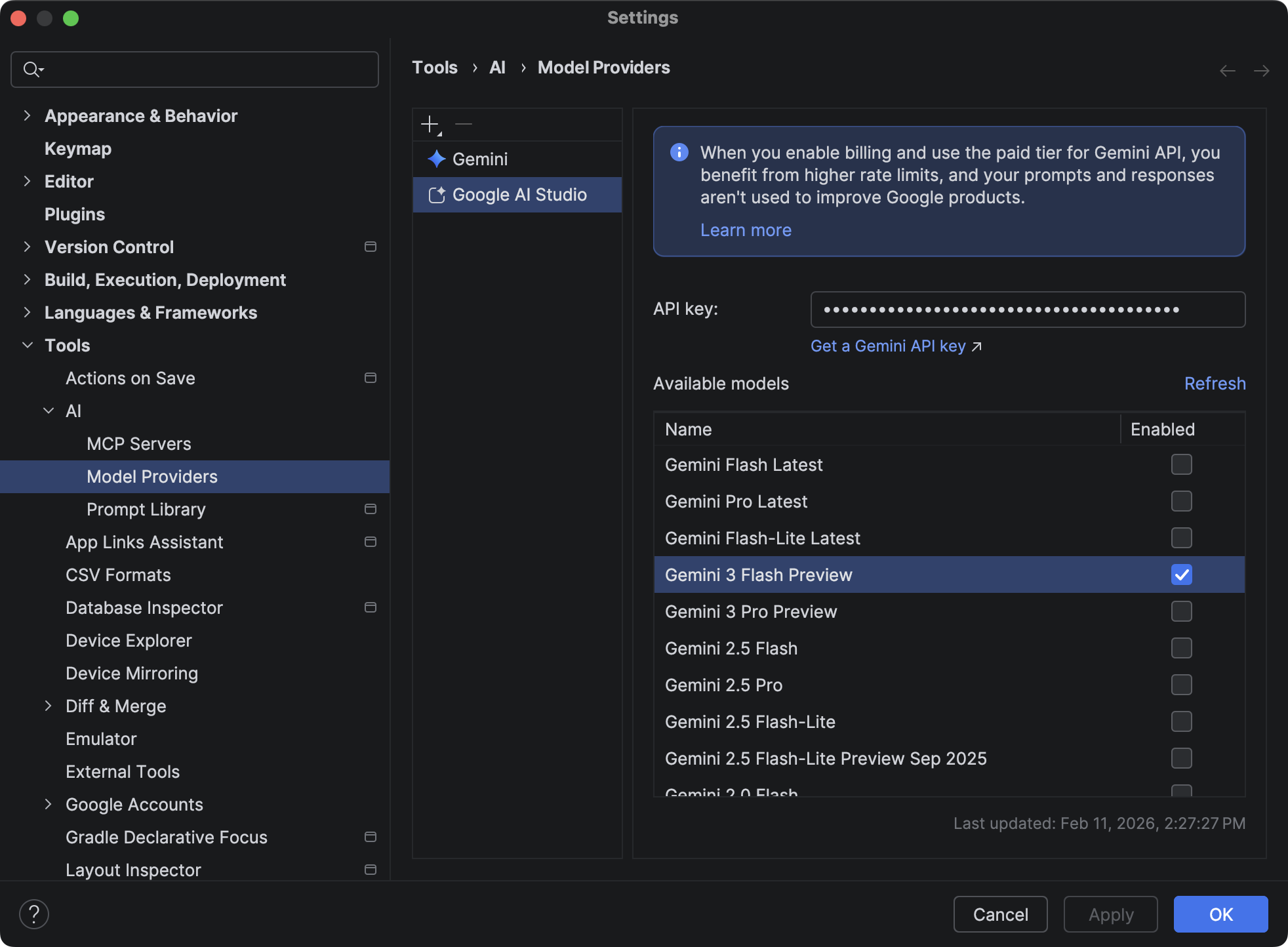 Добавление ключа API Google AI Studio в настройках Android Studio: в разделе Инструменты > ИИ > Поставщики моделей.
