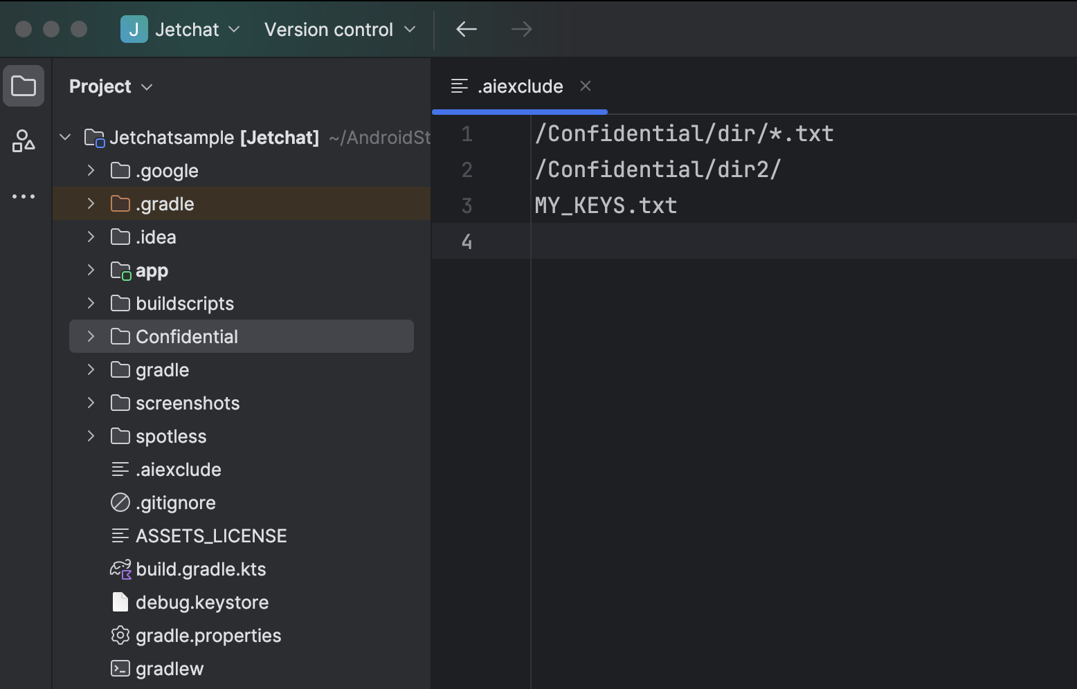Plik .aiexclude w katalogu projektu w widoku projektu Android Studio.