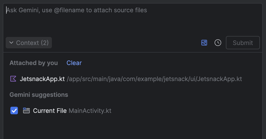 Arquivos anexados manualmente e sugeridos pelo Gemini
