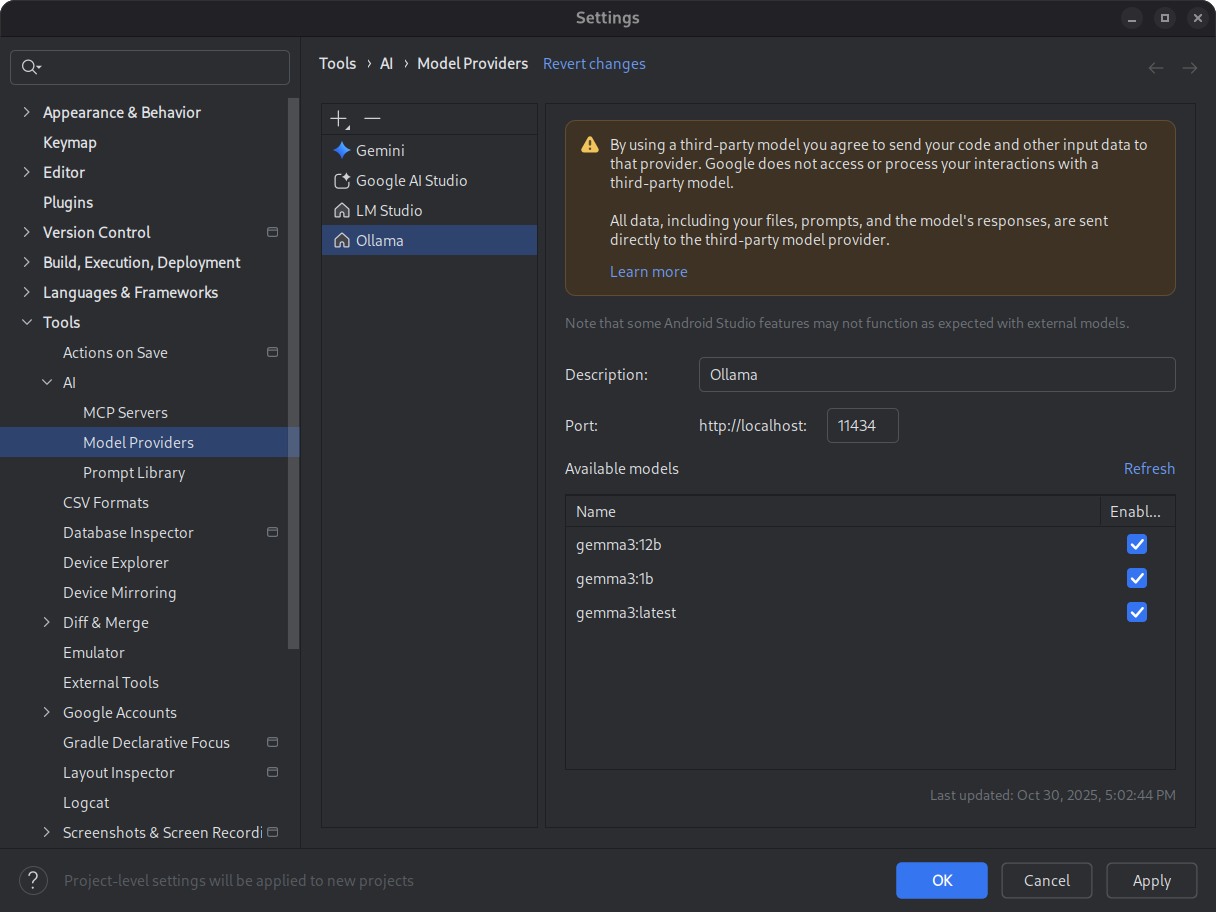 Android Studio settings dialog showing a list of available
       local models.