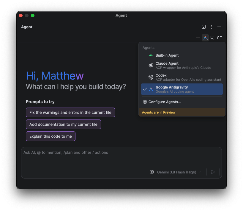 Select an AI agent from the Agents menu in the Agent tool window.