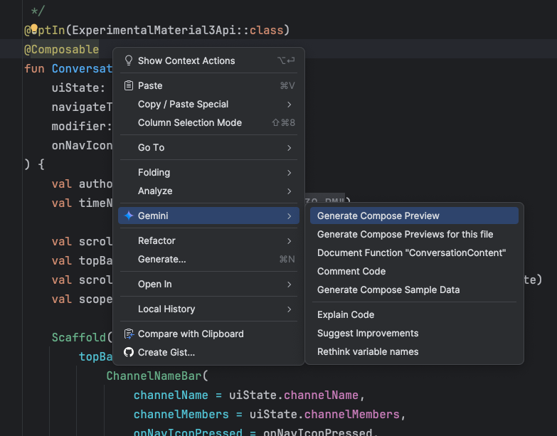 Generare anteprime di Compose dal menu contestuale