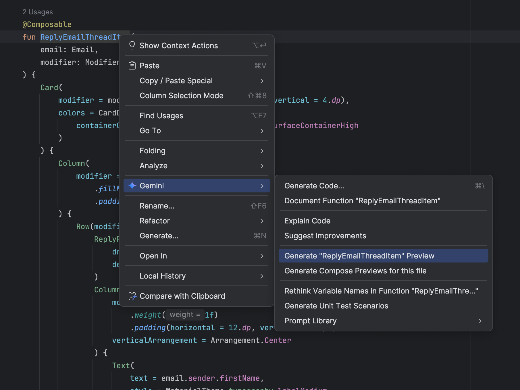 Vorschau für Compose-Generierung mit Gemini