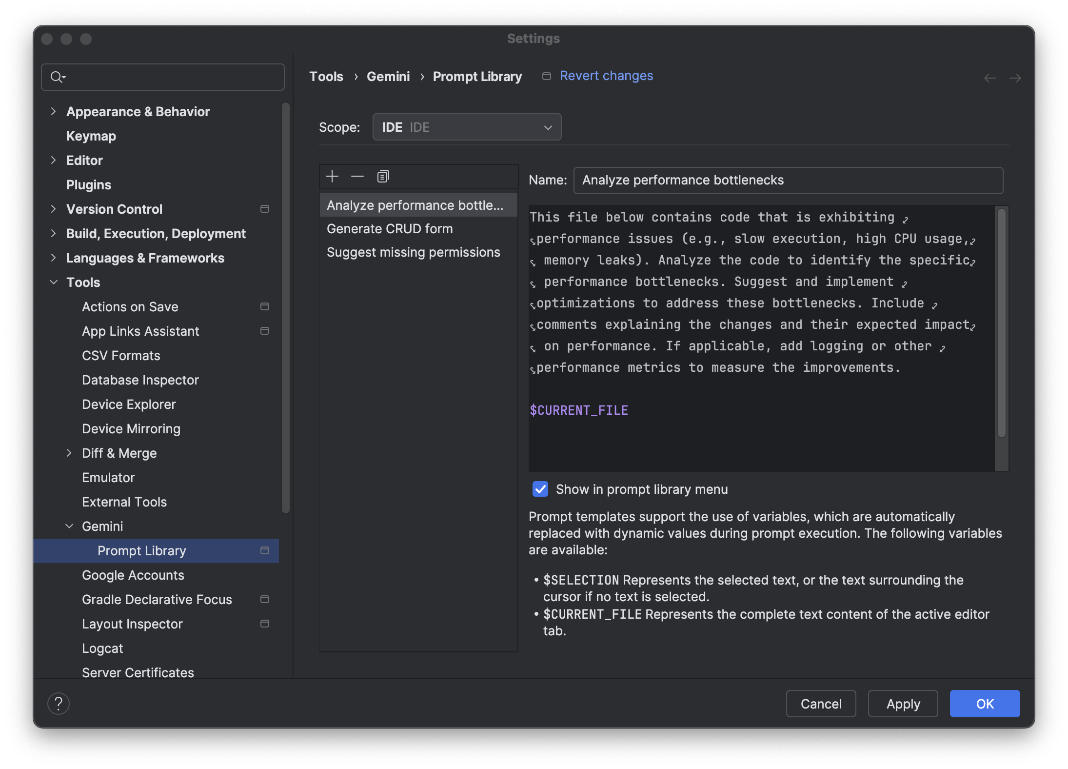The Prompt Library in Android Studio, showing a list of saved prompts.
