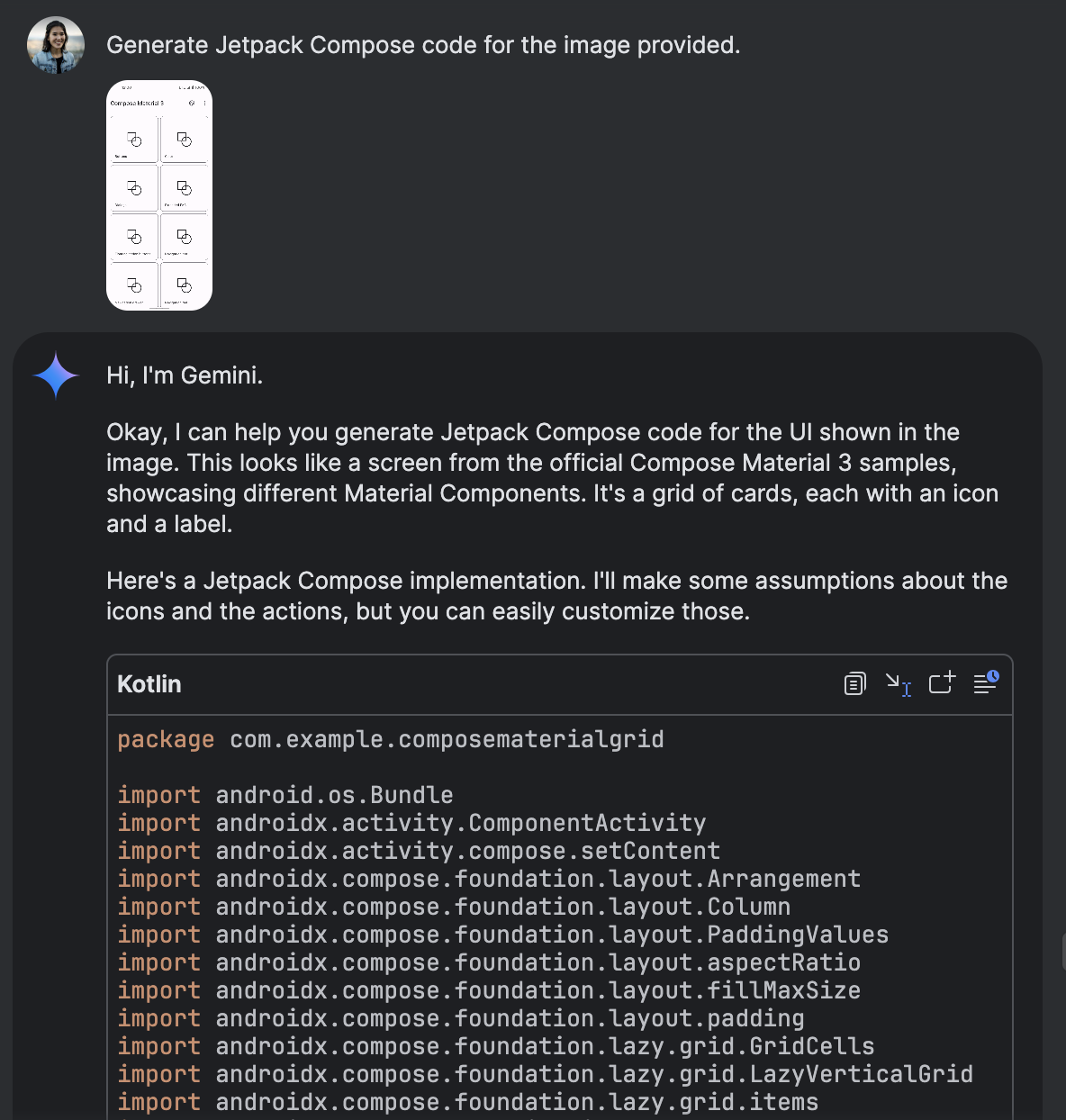 Interfaccia di Gemini Chat che mostra il codice Jetpack Compose generato in base a un'immagine.