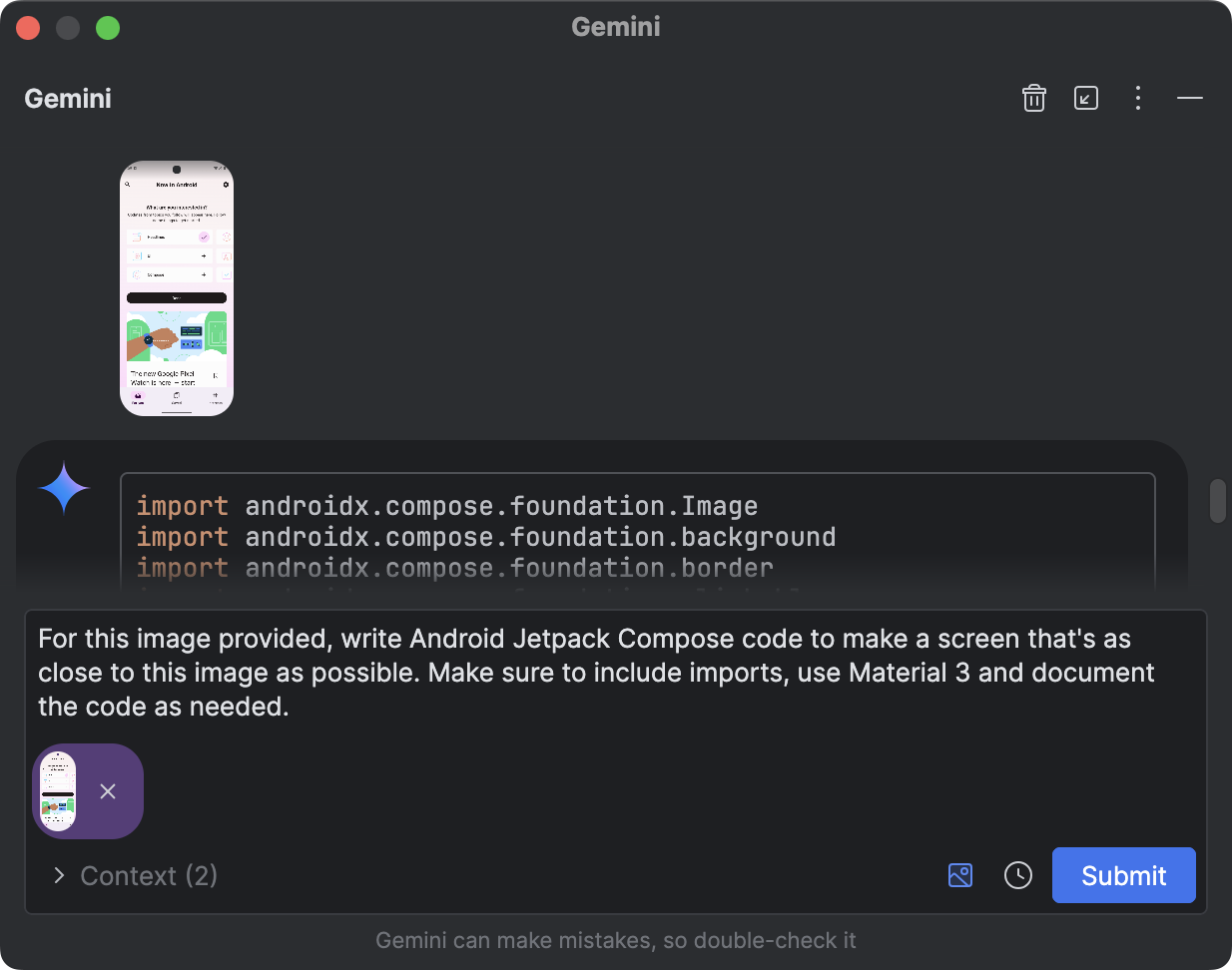 带有图片附件的 Gemini 对话框