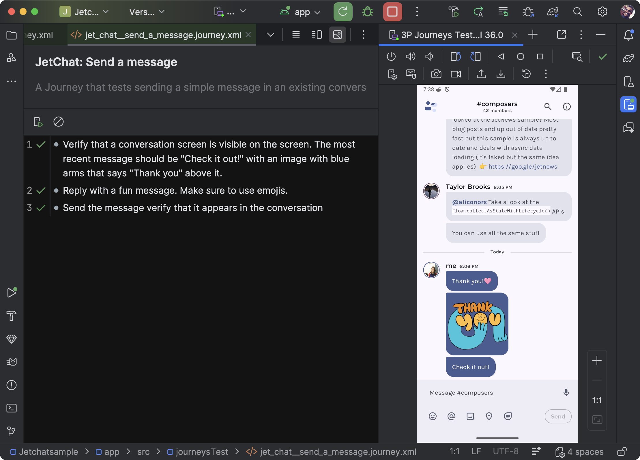 Android Studio 中的歷程編輯器，顯示含有歷程步驟的 XML 檔案。