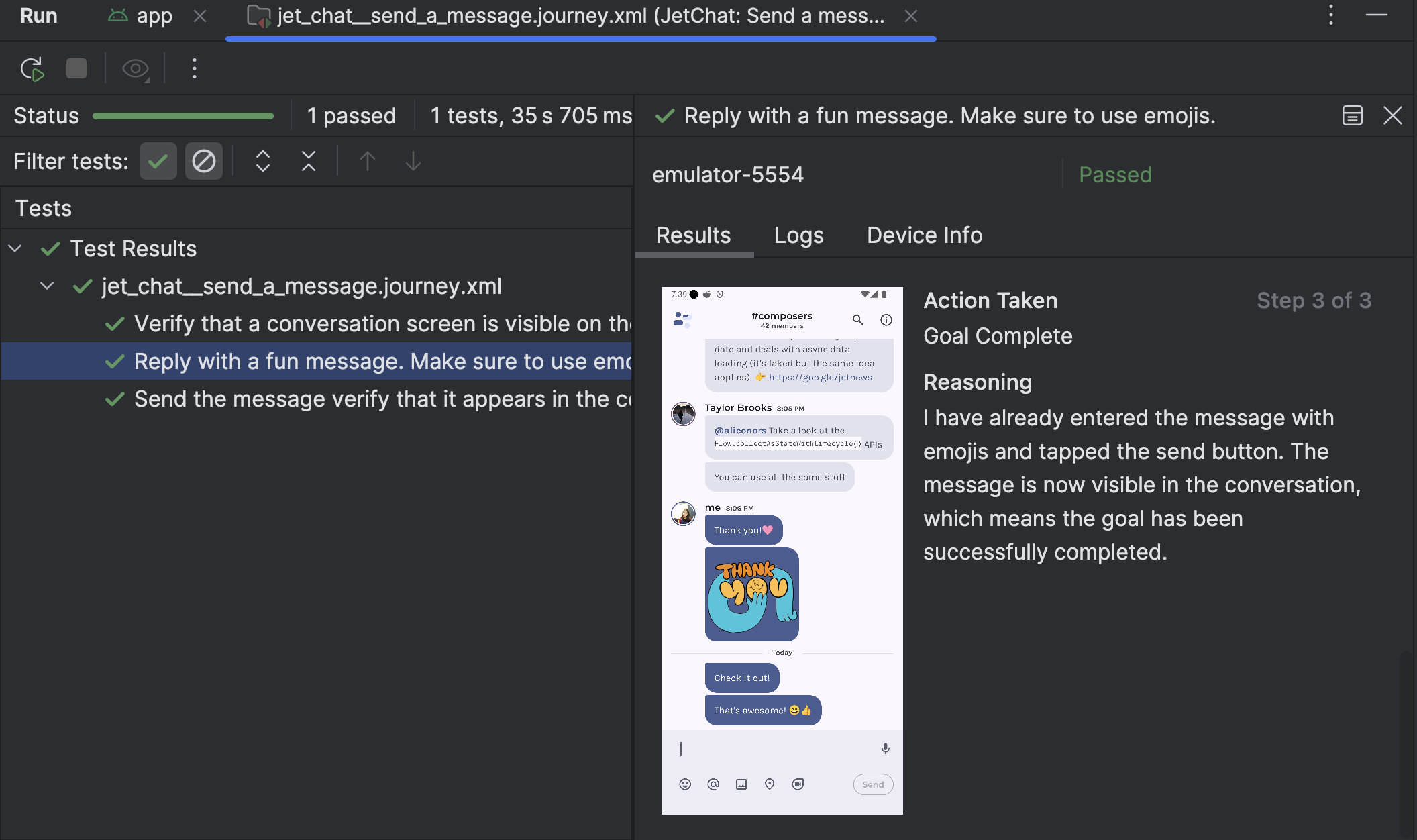 Android Studio 中的歷程測試結果面板，顯示步驟詳細資料和 Gemini 的推理過程。