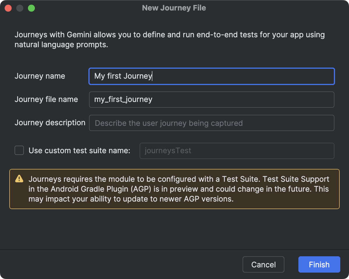 A dialog in Android Studio you use to create a journey file.