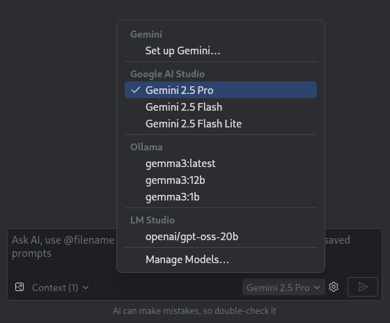 Android Studio Gemini chat window showing the model picker with options for Gemini and a local model.