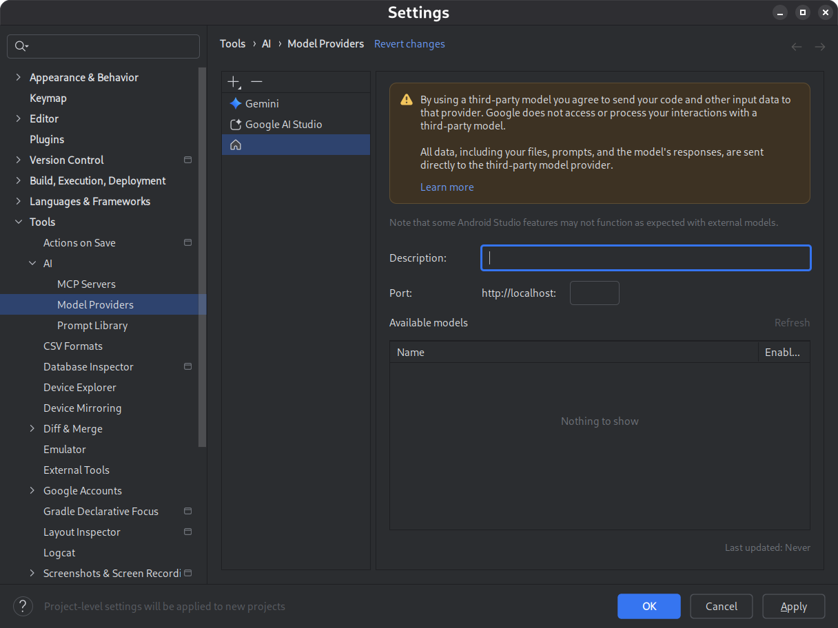 Android Studio settings dialog showing the Gemini section with an option to enable offline mode.
