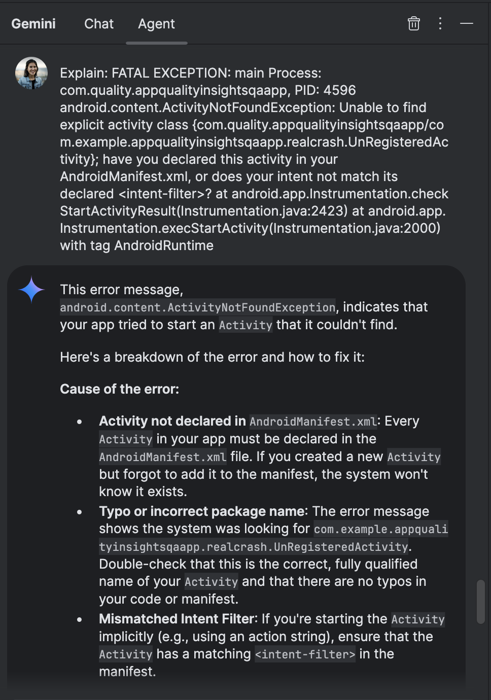 Gemini explica el error de Logcat