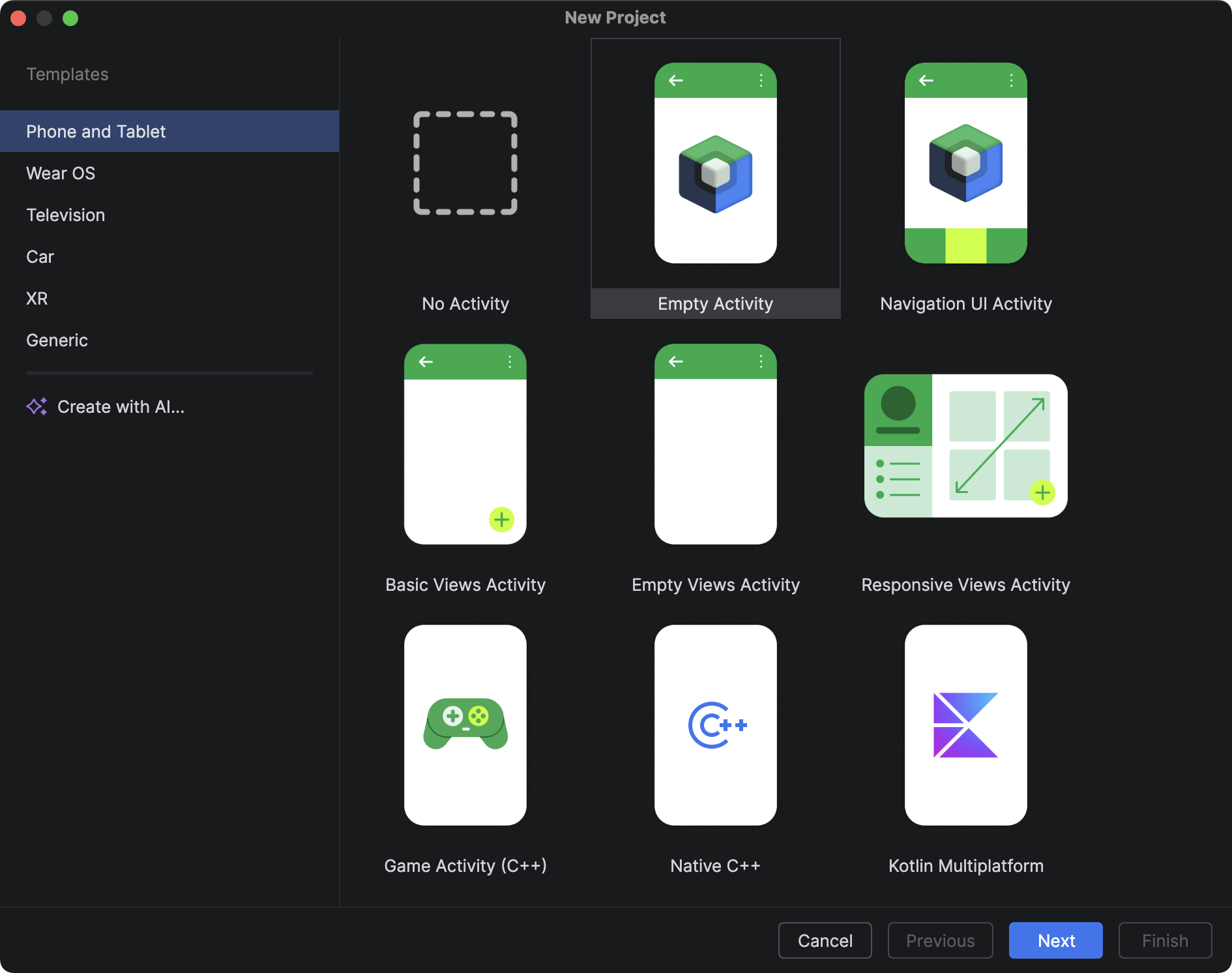 The new project dialog, which has cards for various kinds of
        app templates, such as Empty Activity, Navigation UI Activity, and
        so forth. The dialog also has the 'Create with AI' control, which
        activates Gemini in Android Studio to set up a new project for
        you.