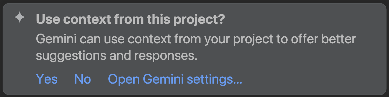 La finestra di dialogo "Vuoi attivare la consapevolezza del contesto di Gemini per questo progetto?" in Android Studio.