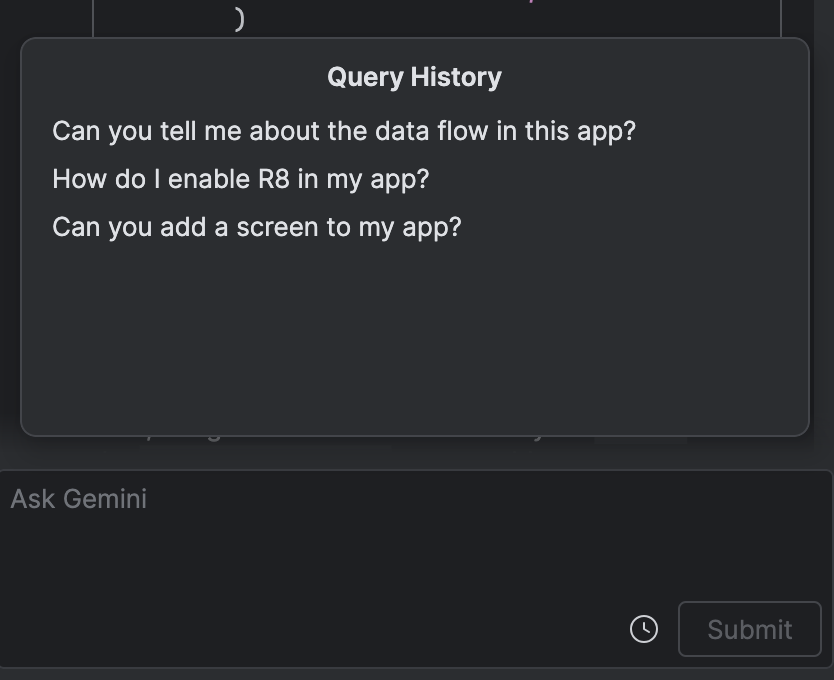 The Gemini query history menu showing previous queries.