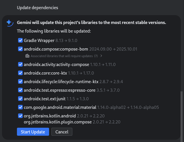 Daftar periksa library yang telah diusulkan Gemini di Android Studio untuk diupdate. Anda dapat menghapus centang item untuk menghapusnya dari update.