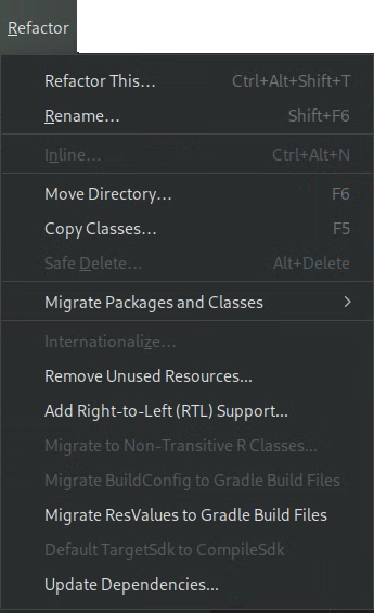 Menu Refactor, yang menampilkan item menu Update Dependencies.