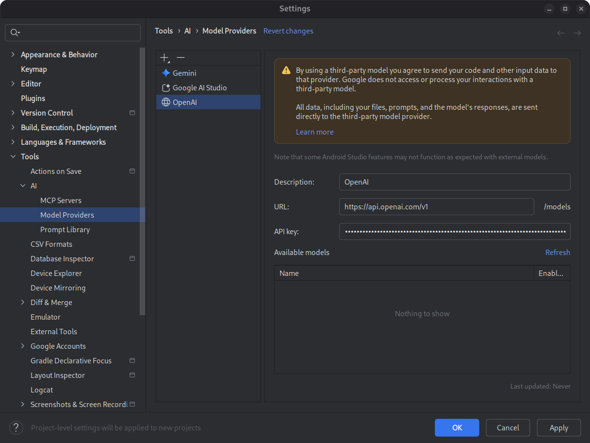 Settings dialog containing a form for entry of remote model
     provider information.
